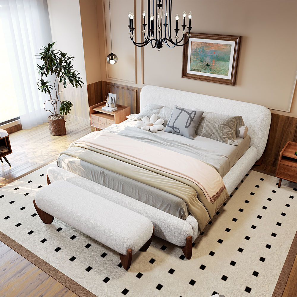 Partly Assemble Beige Boucle Bedroom Set