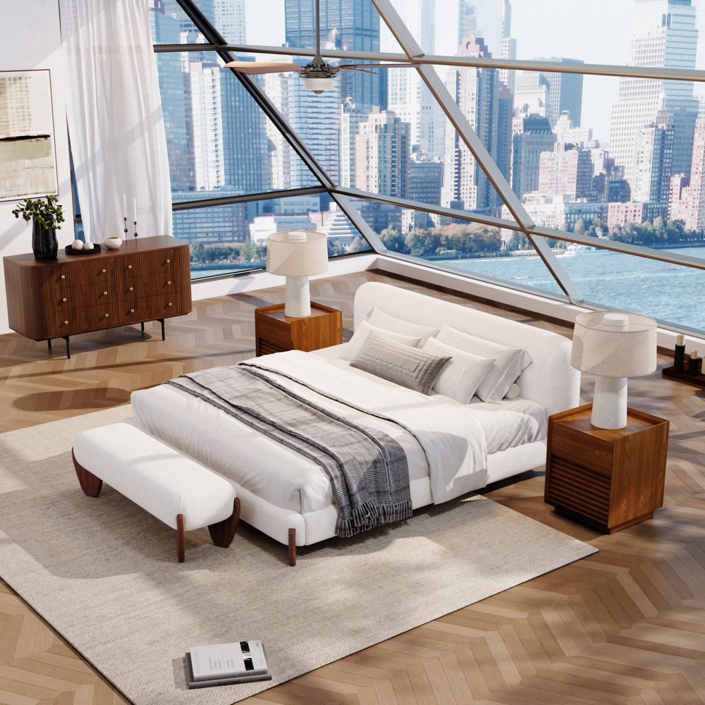 Partly Assemble Beige Boucle Bedroom Set