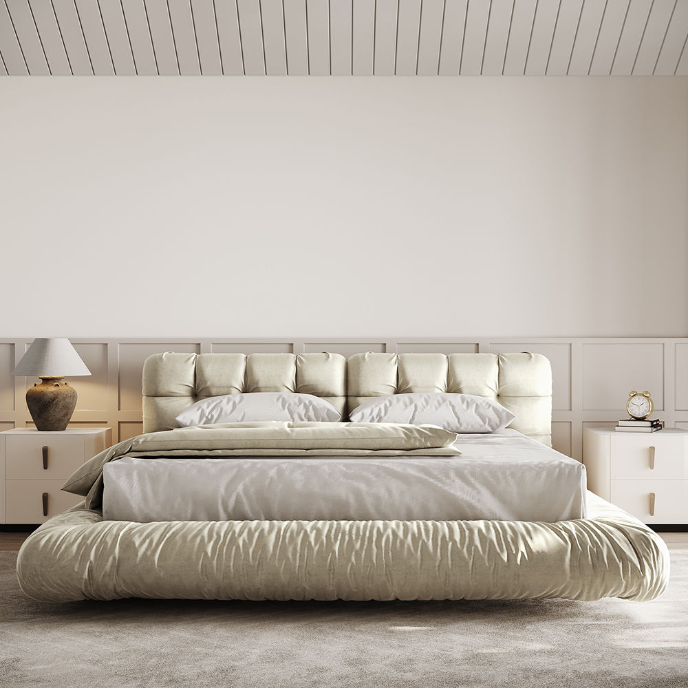 Wood Beige Suede Fabric Beds