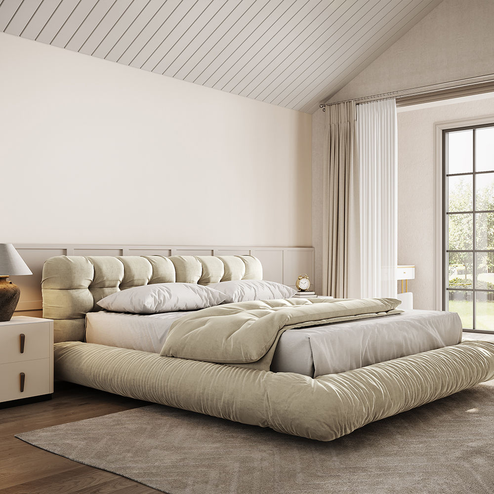 Fabric Beige Suede Fabric Beds