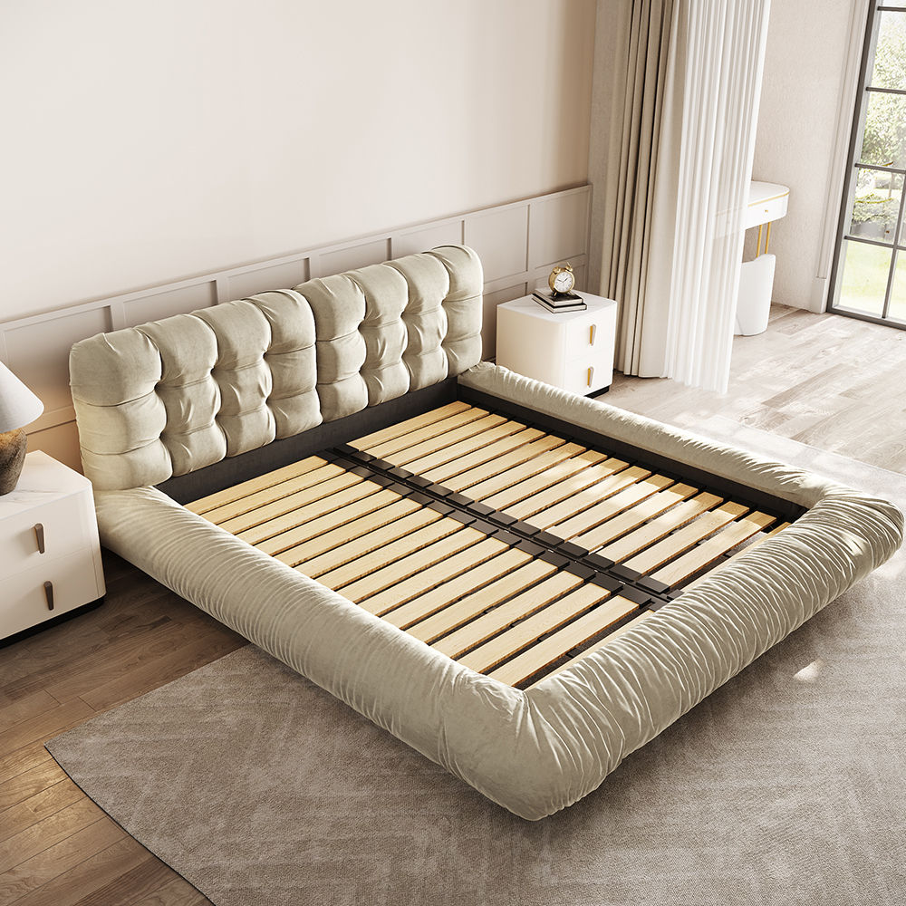 Pure Color Beige Suede Fabric Beds