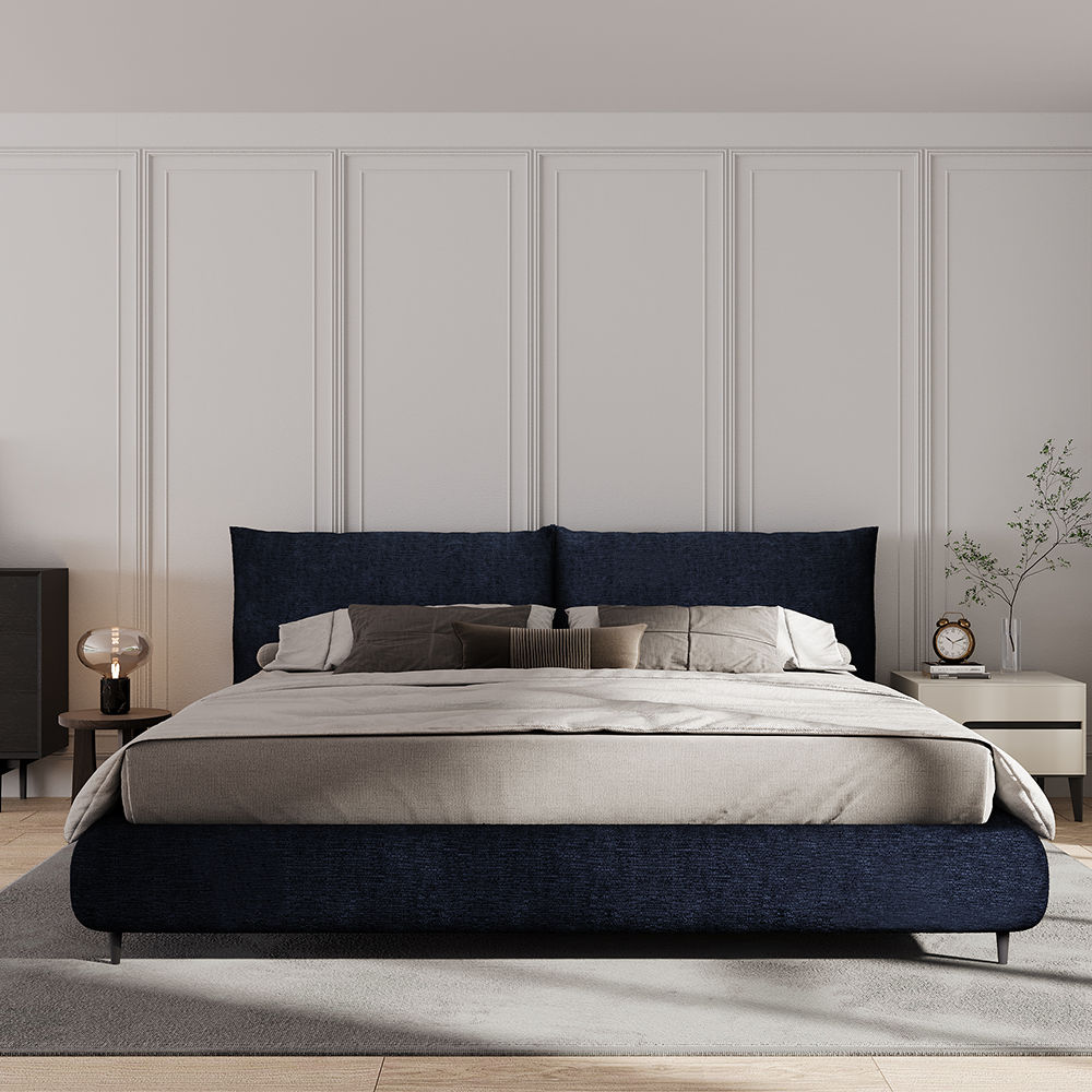 Partly Assemble Dark Blue Chenille Fabric Beds