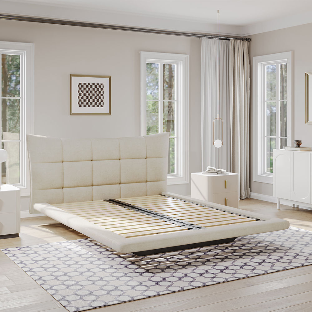 Wood Beige Suede Fabric Beds