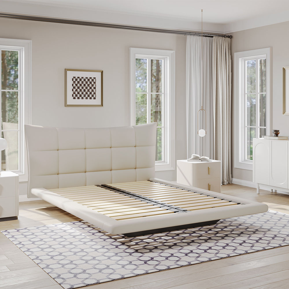 Wood White Faux Leather Beds
