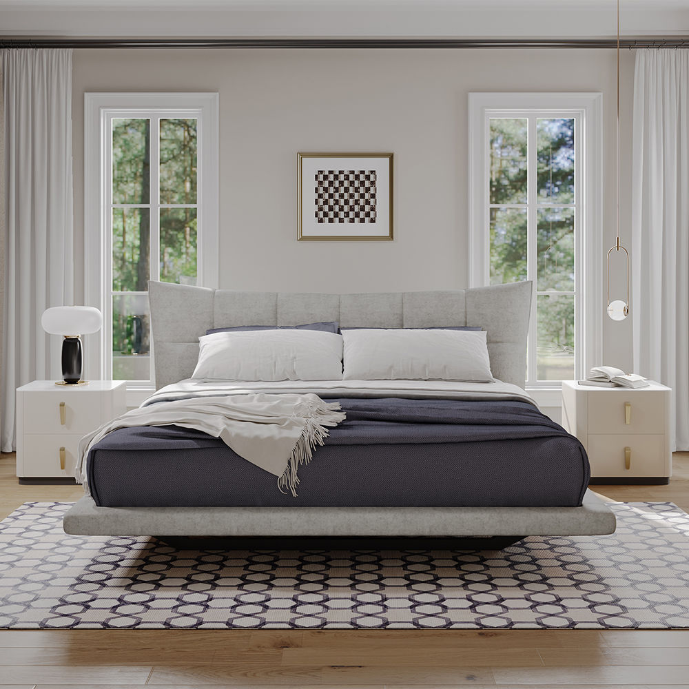 Solid Wood Light Gray Suede Fabric Beds