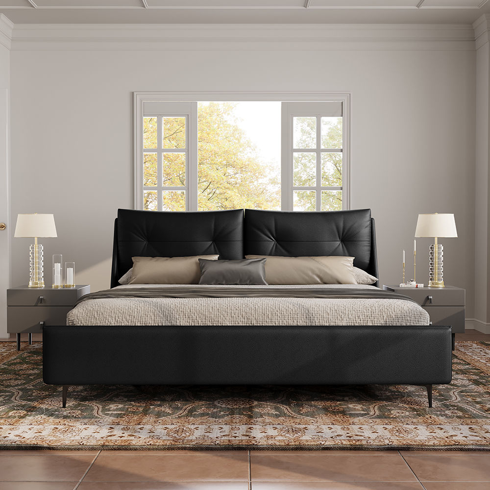 Partly Assemble Black Leather Beds