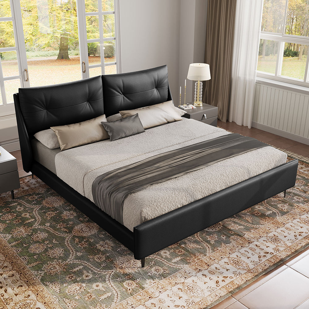 Partly Assemble Black Leather Beds