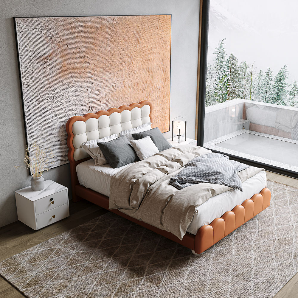 Wood White & Orange Leather Beds