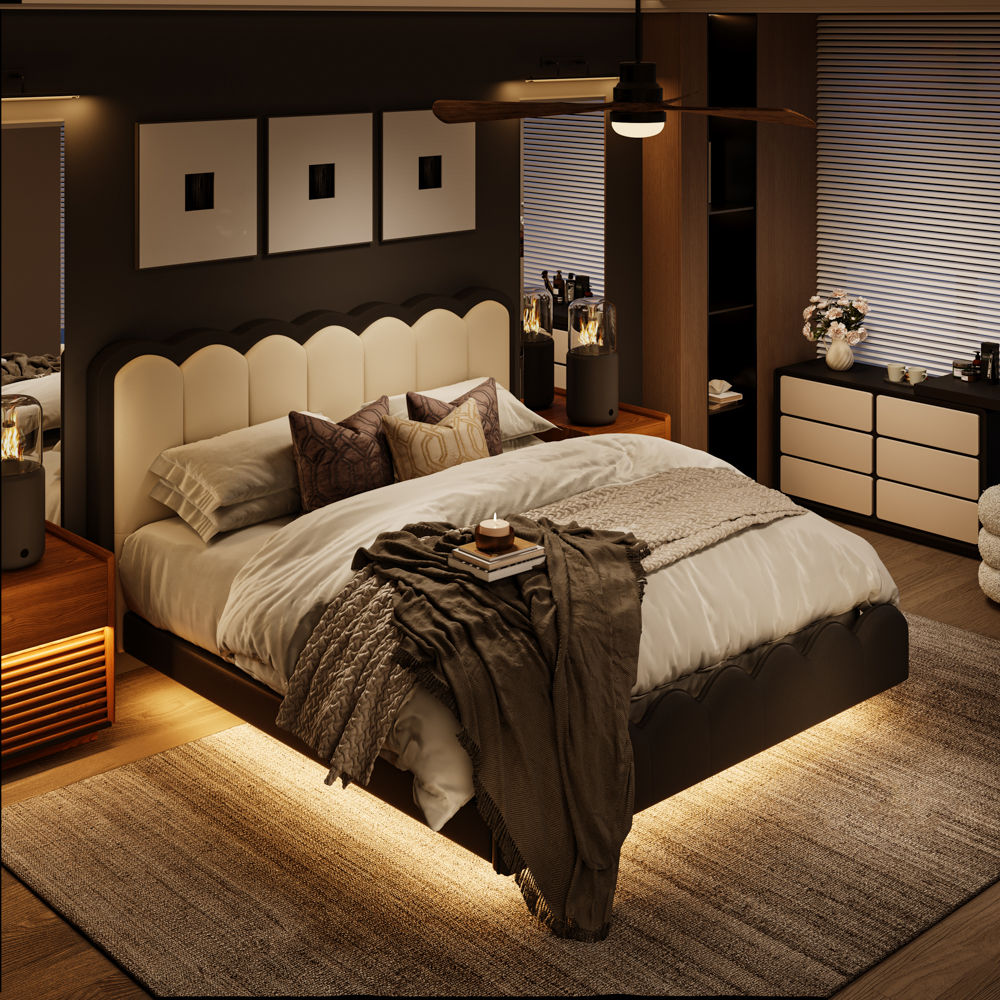 Partly Assemble Ivory white & Black Leather Beds
