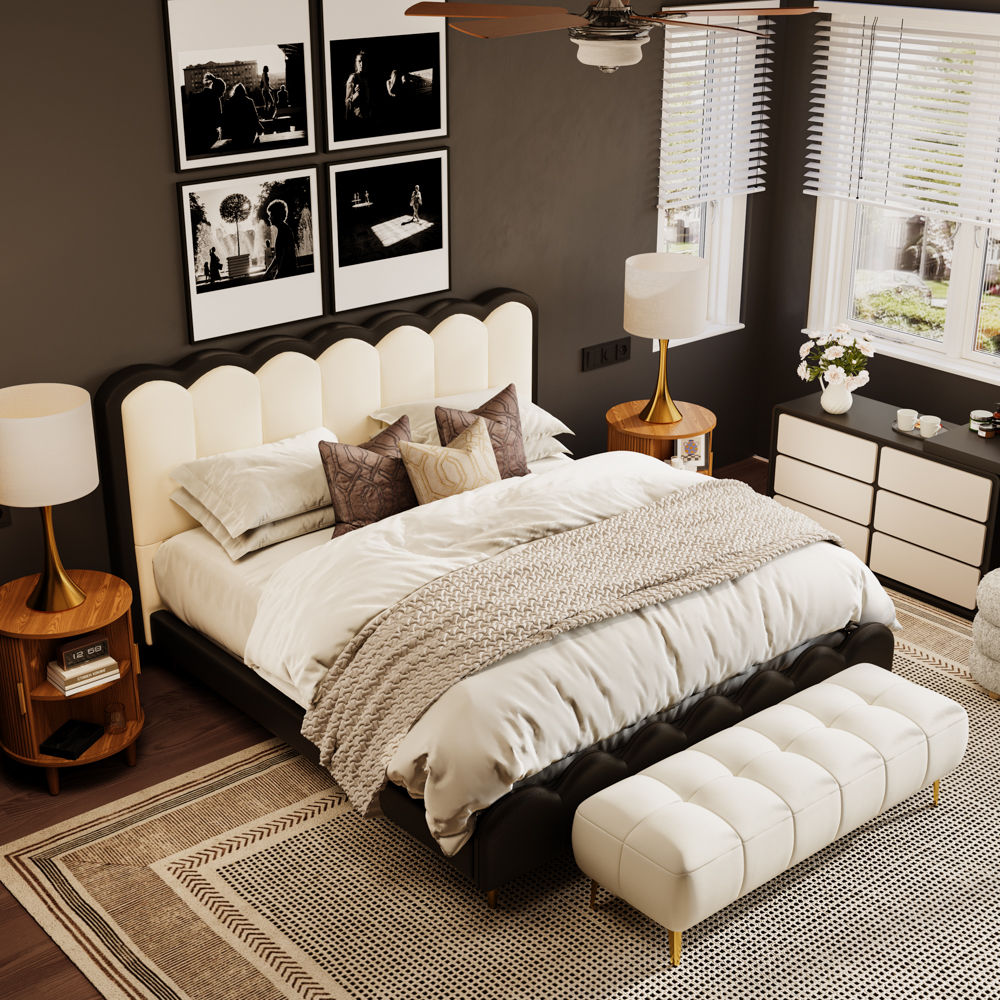 Partly Assemble Ivory white & Black Leather Beds
