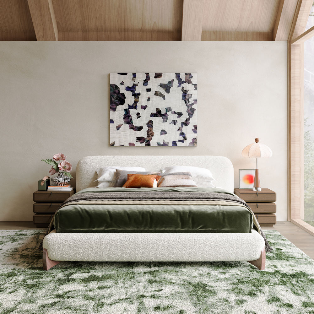 Solid Wood Beige Boucle Beds