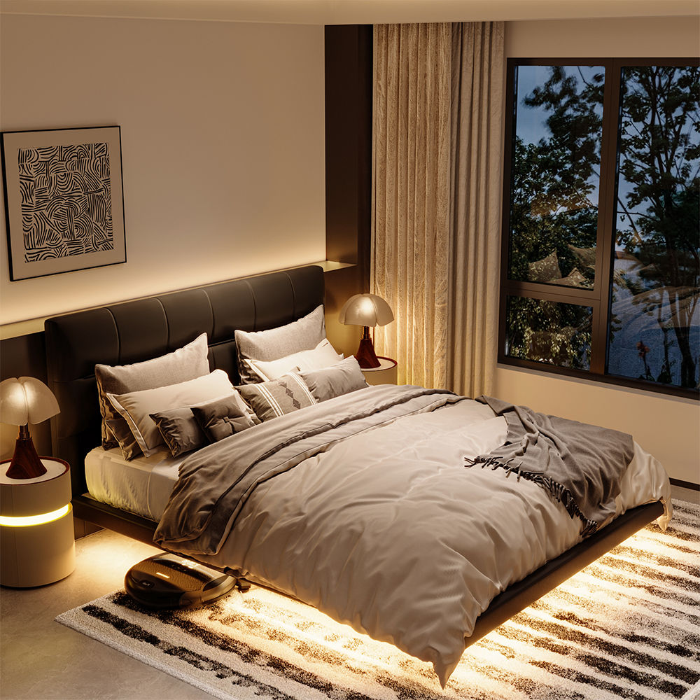 Black Black PU Leather Beds