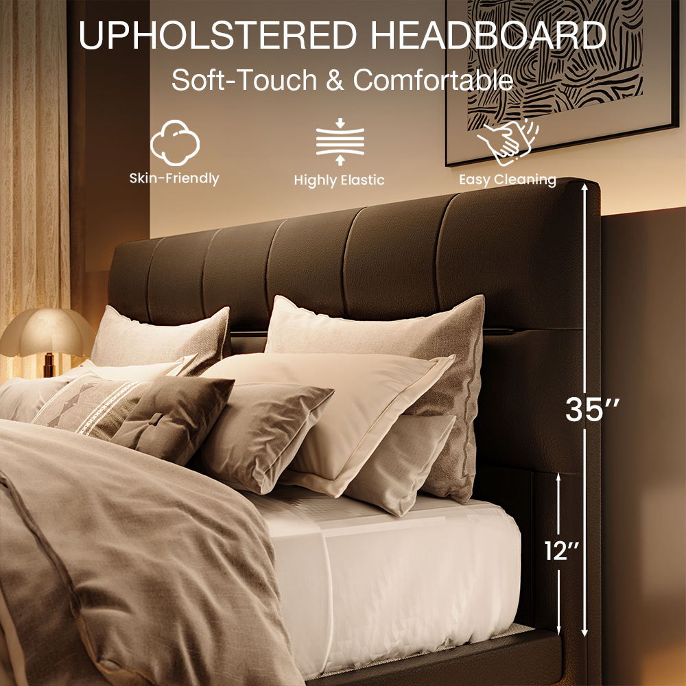 With Headboard Black PU Leather Beds