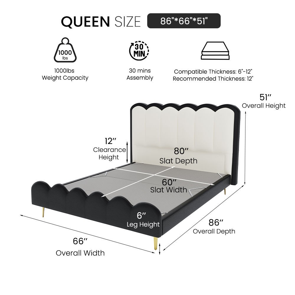 With Headboard Ivory white & Black Leather Beds