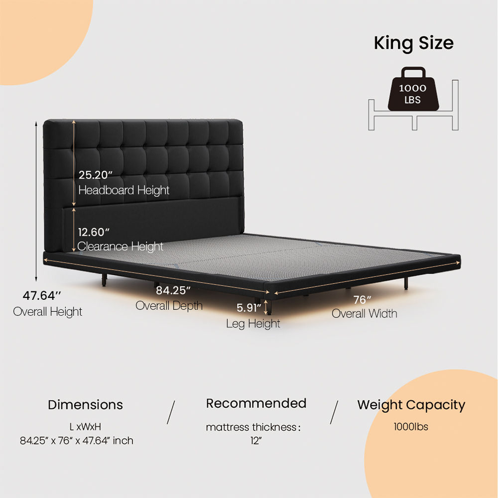 With Led Lights Black PU Leather Beds