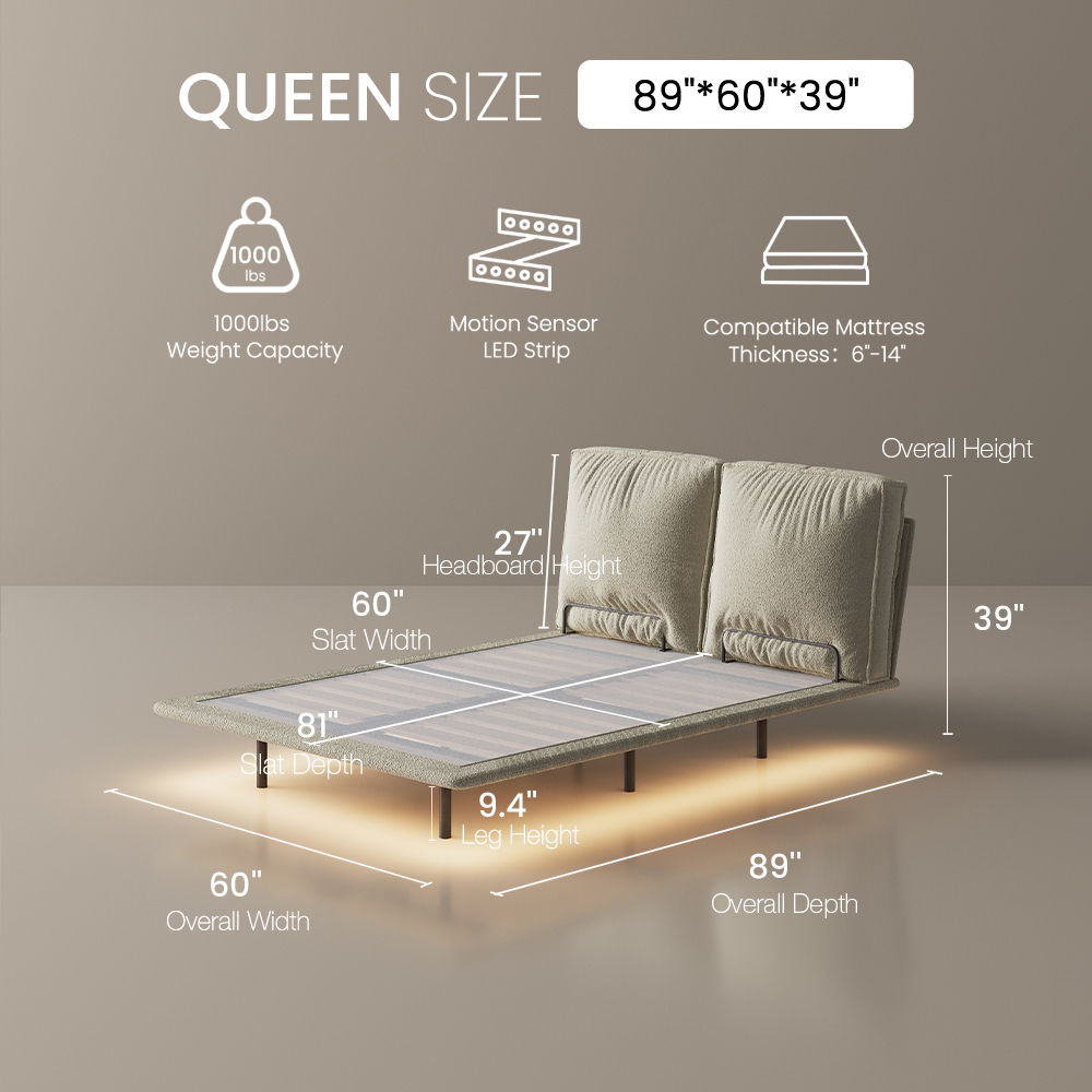 With Headboard Beige Linen Beds