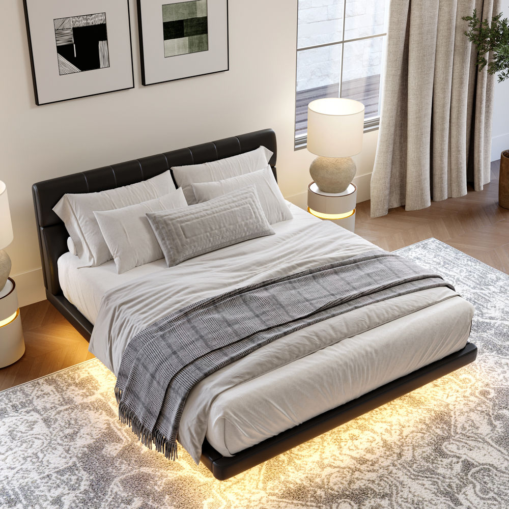 Upholstered Bed Frame Black PU Leather Beds