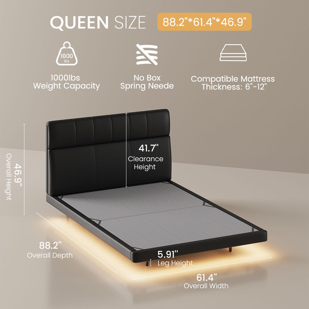 Floating Bed Frame Black PU Leather Beds