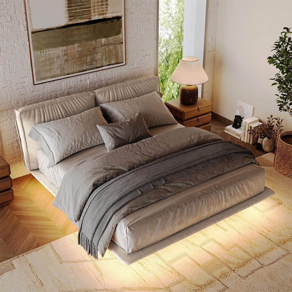 With Headboard Beige Linen Beds