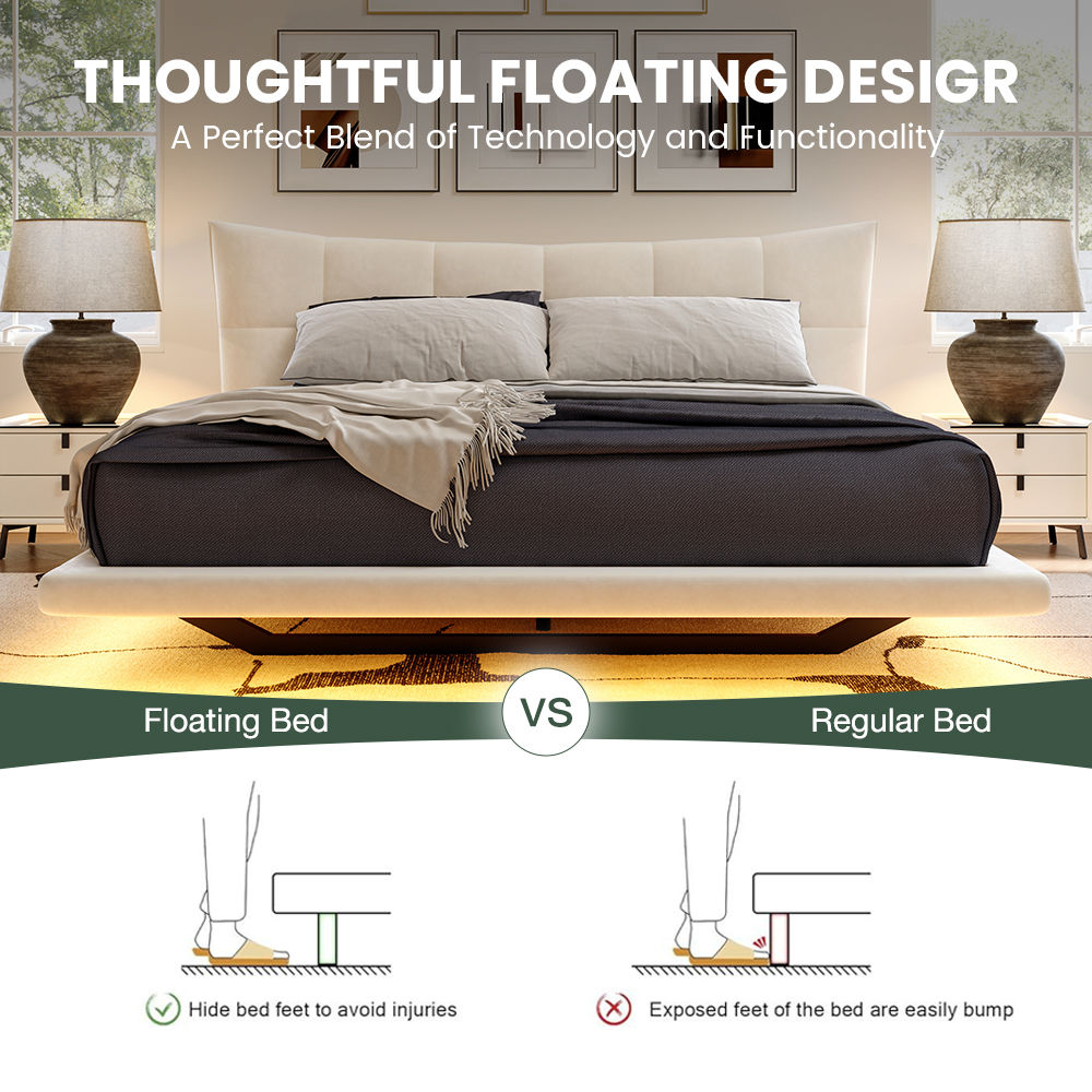 Floating Bed Frame Beige Velvet Beds
