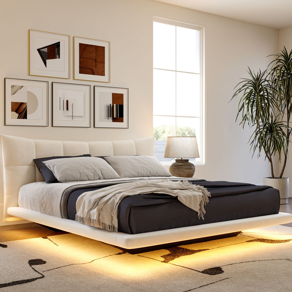 With Led Lights Beige Velvet Beds