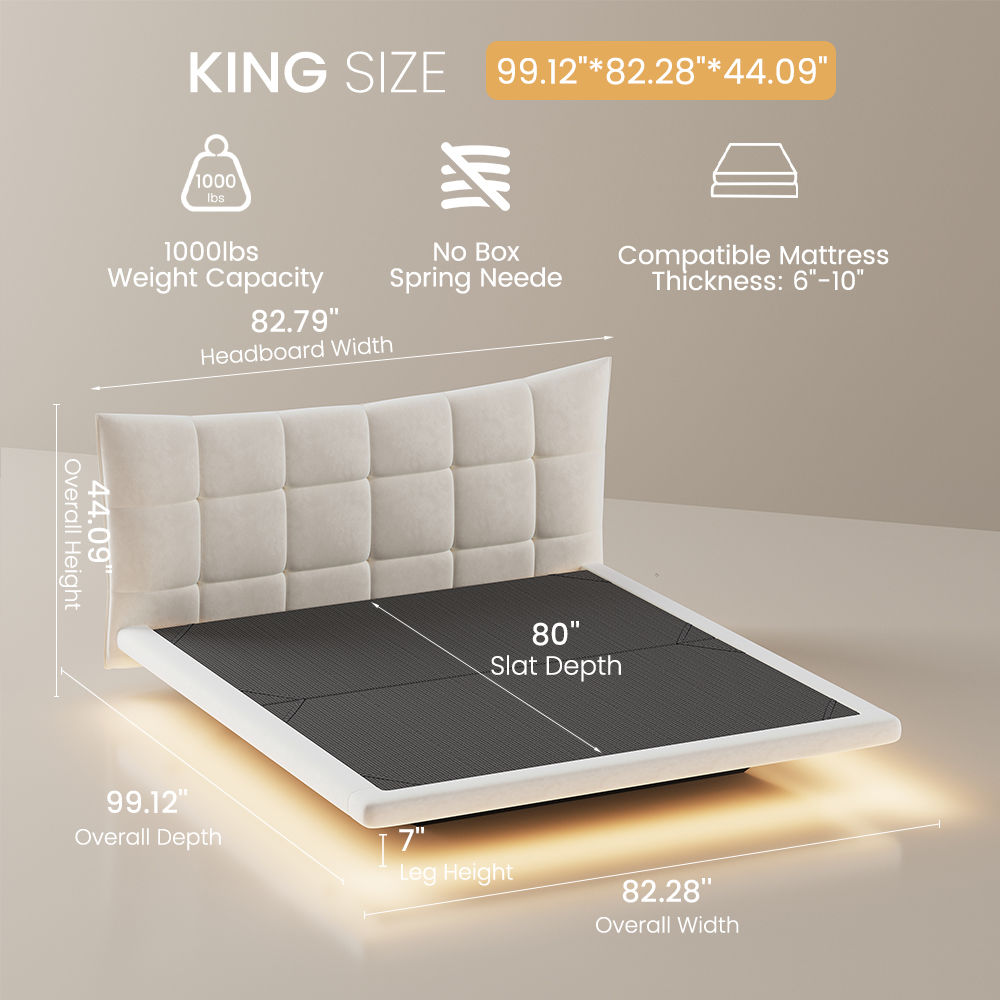 Floating Bed Frame Beige Velvet Beds