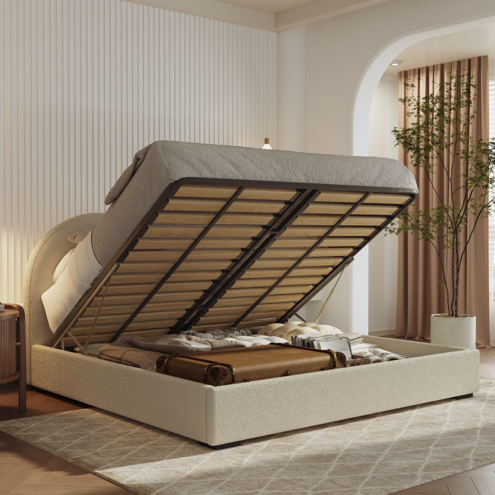Platform Bed Frame Beige Boucle Beds