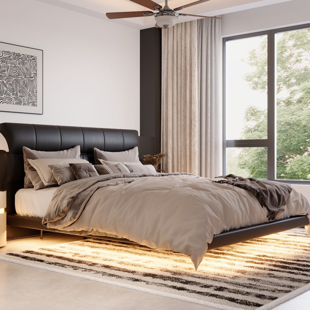 With Headboard Black PU Leather Beds