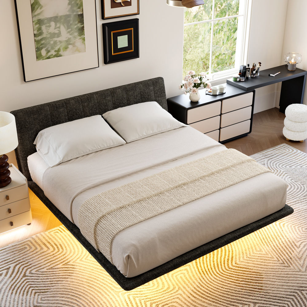 With Headboard Gray Chenille Beds
