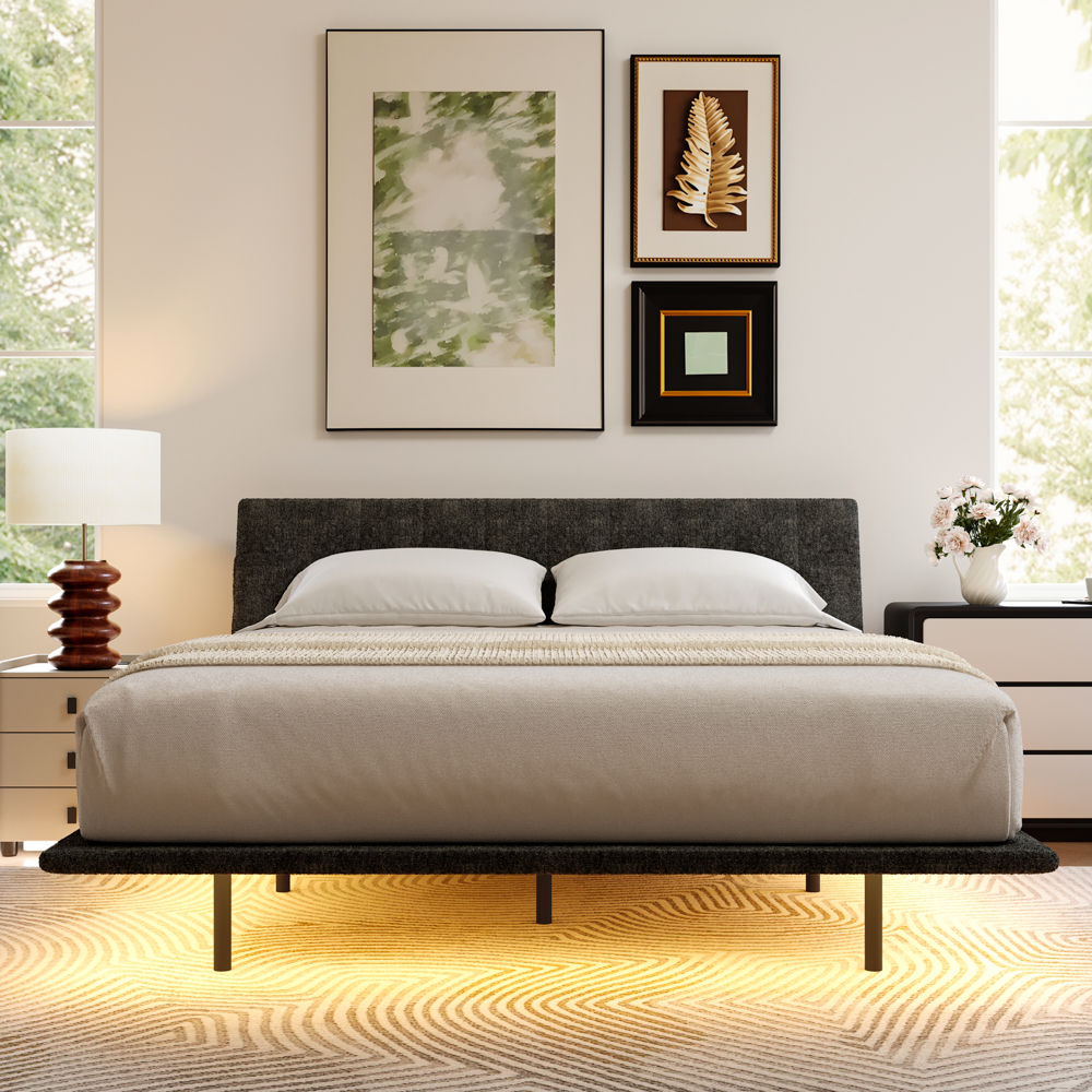 With Headboard Gray Chenille Beds