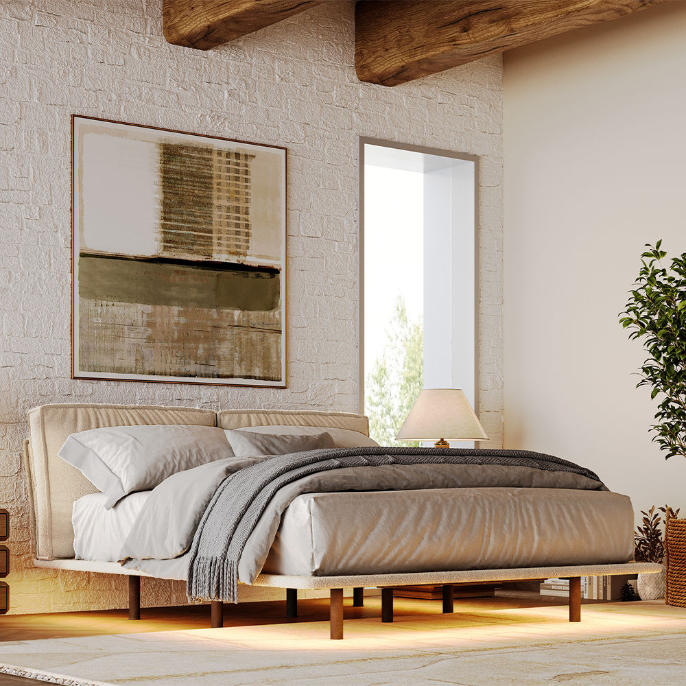 With Headboard Beige Linen Beds