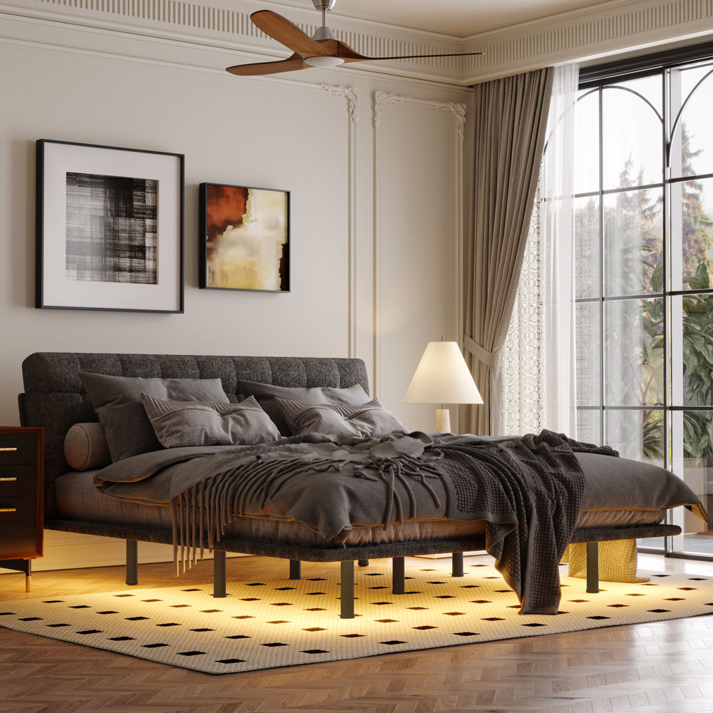 With Headboard Gray Chenille Beds