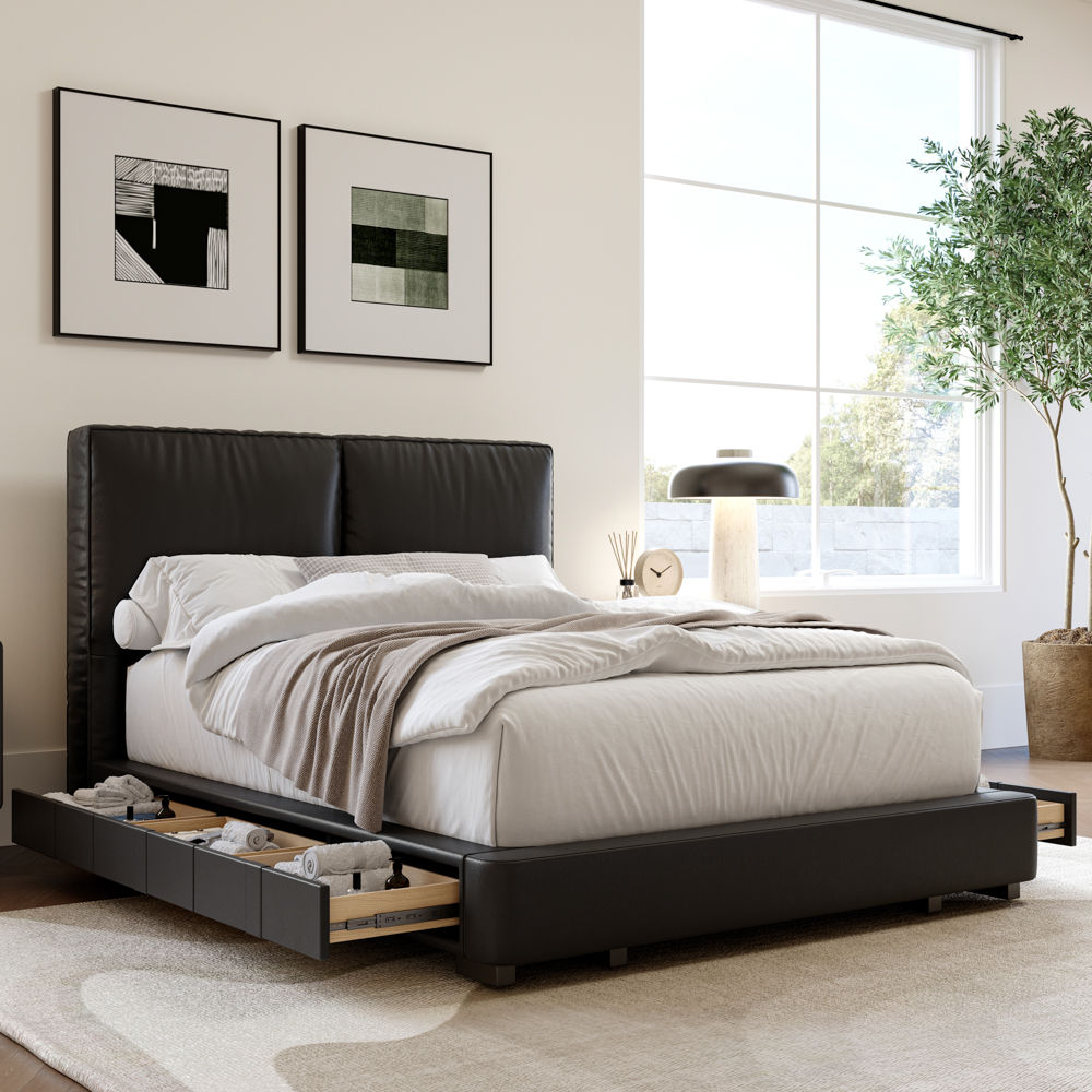 Partly Assemble Black Faux Leather Beds