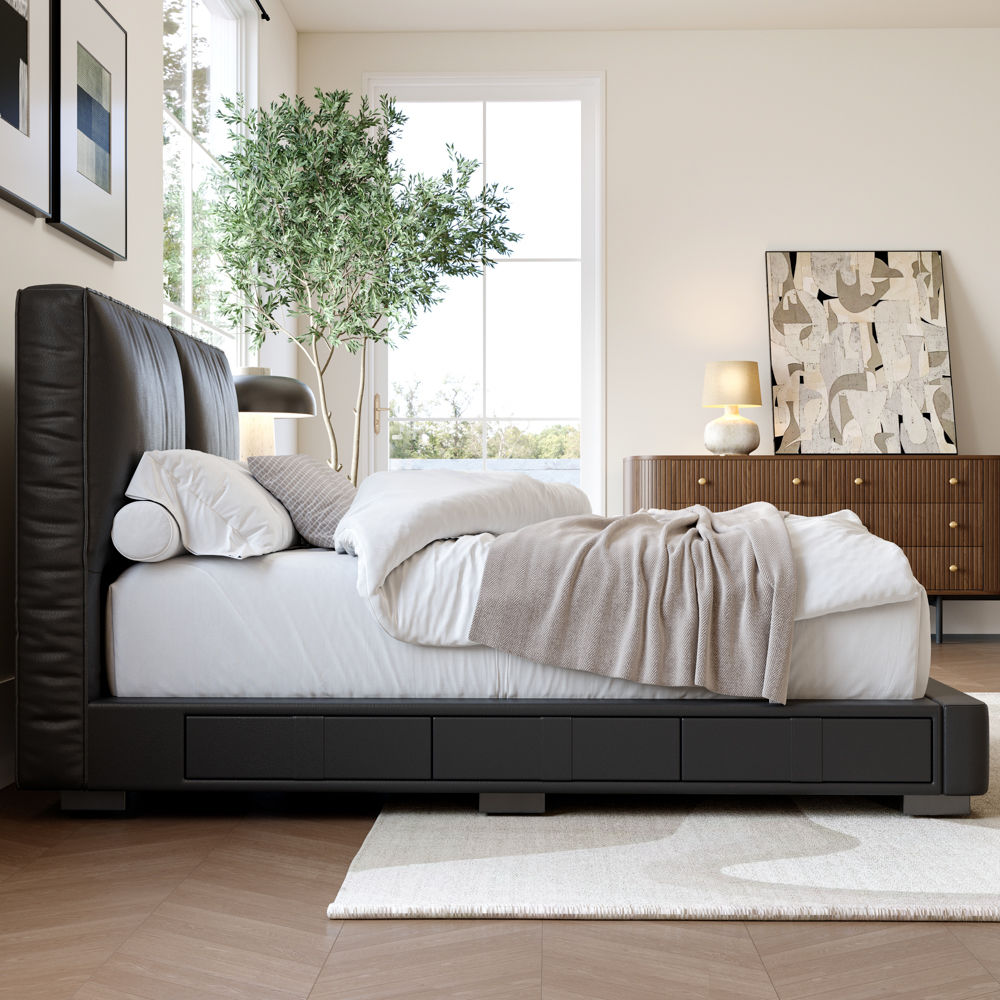 With Storage Black Faux Leather Beds