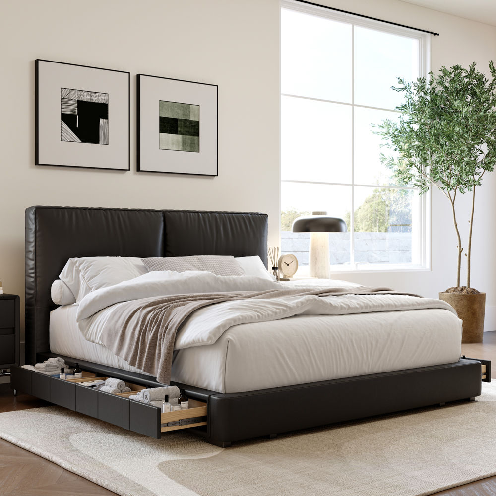 Wood Black Faux Leather Beds