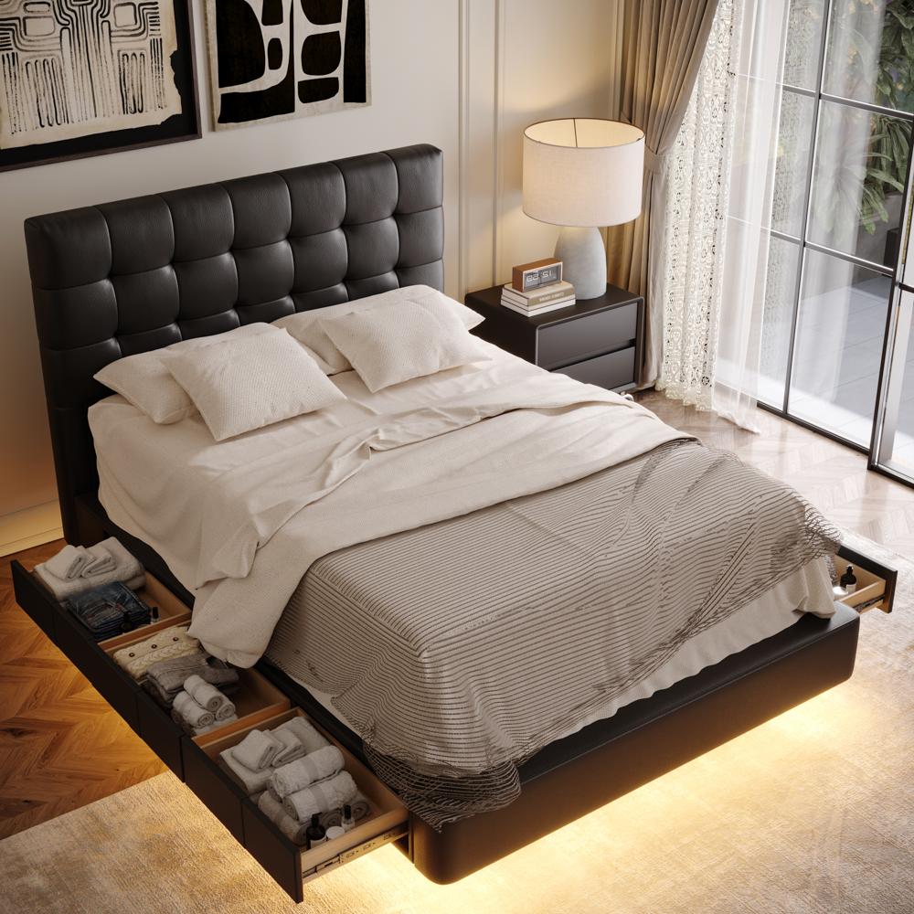 With Led Lights Black Faux Leather Beds