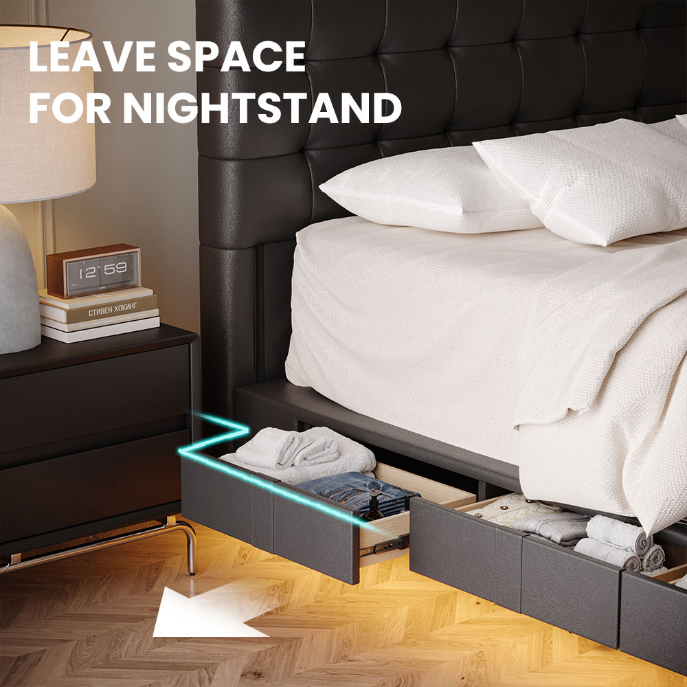 Wood Black Faux Leather Beds