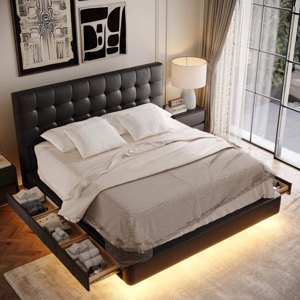 With Led Lights Black Faux Leather Beds