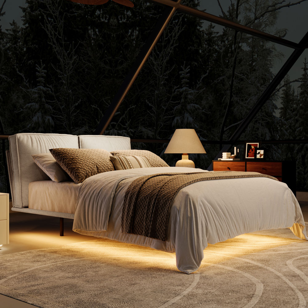 Partly Assemble Beige Linen Beds