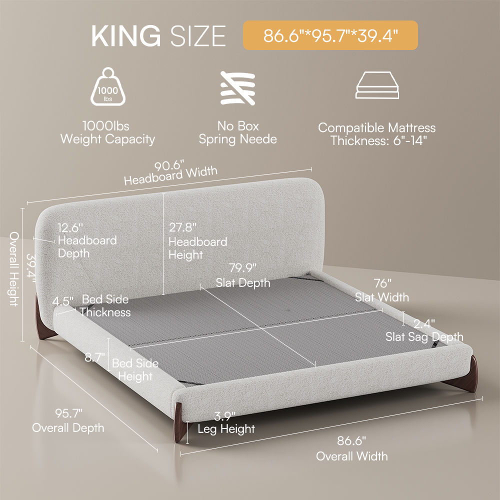 Low Profile Bed Beige Boucle Beds