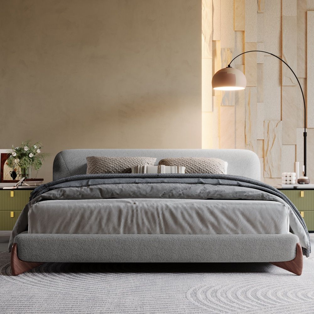 Platform Bed Frame Light Gray Boucle Beds
