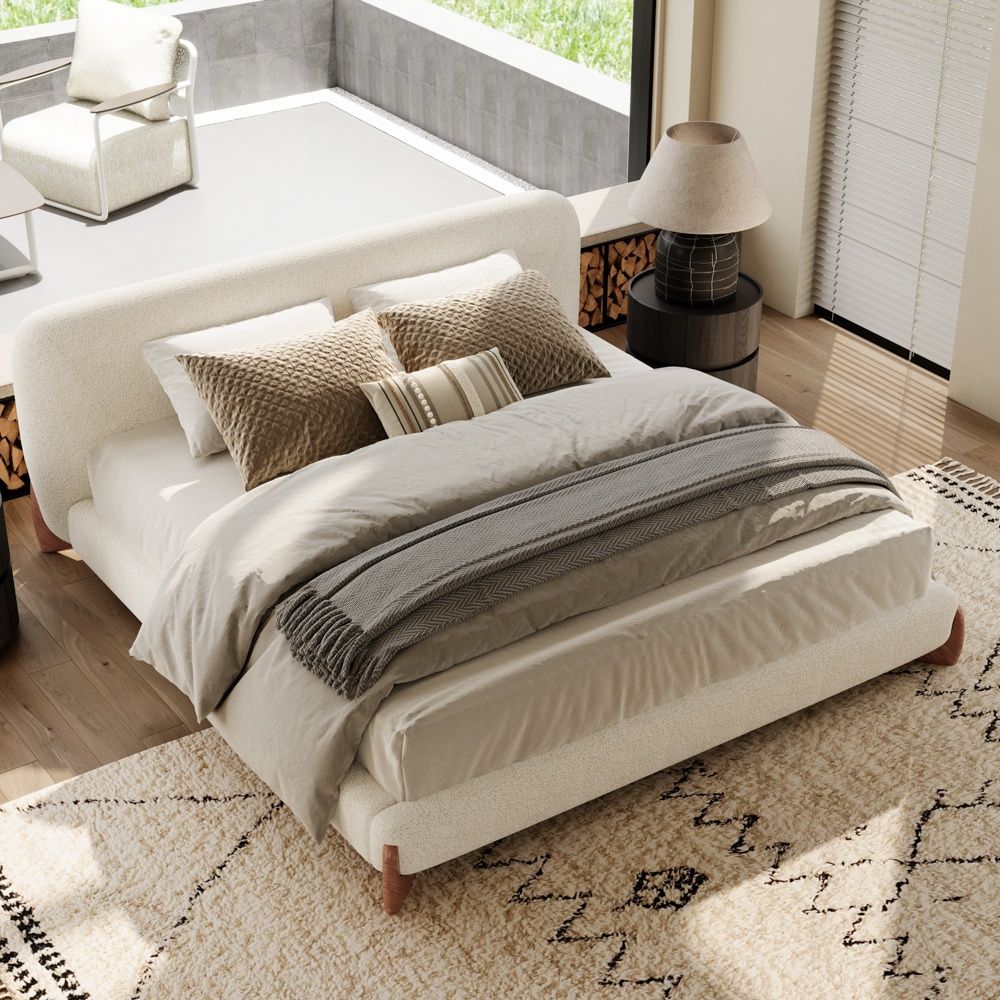 With Headboard Beige Boucle Beds