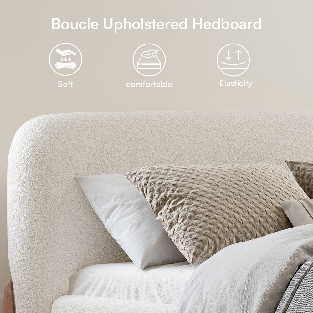 Low Profile Bed Beige Boucle Beds