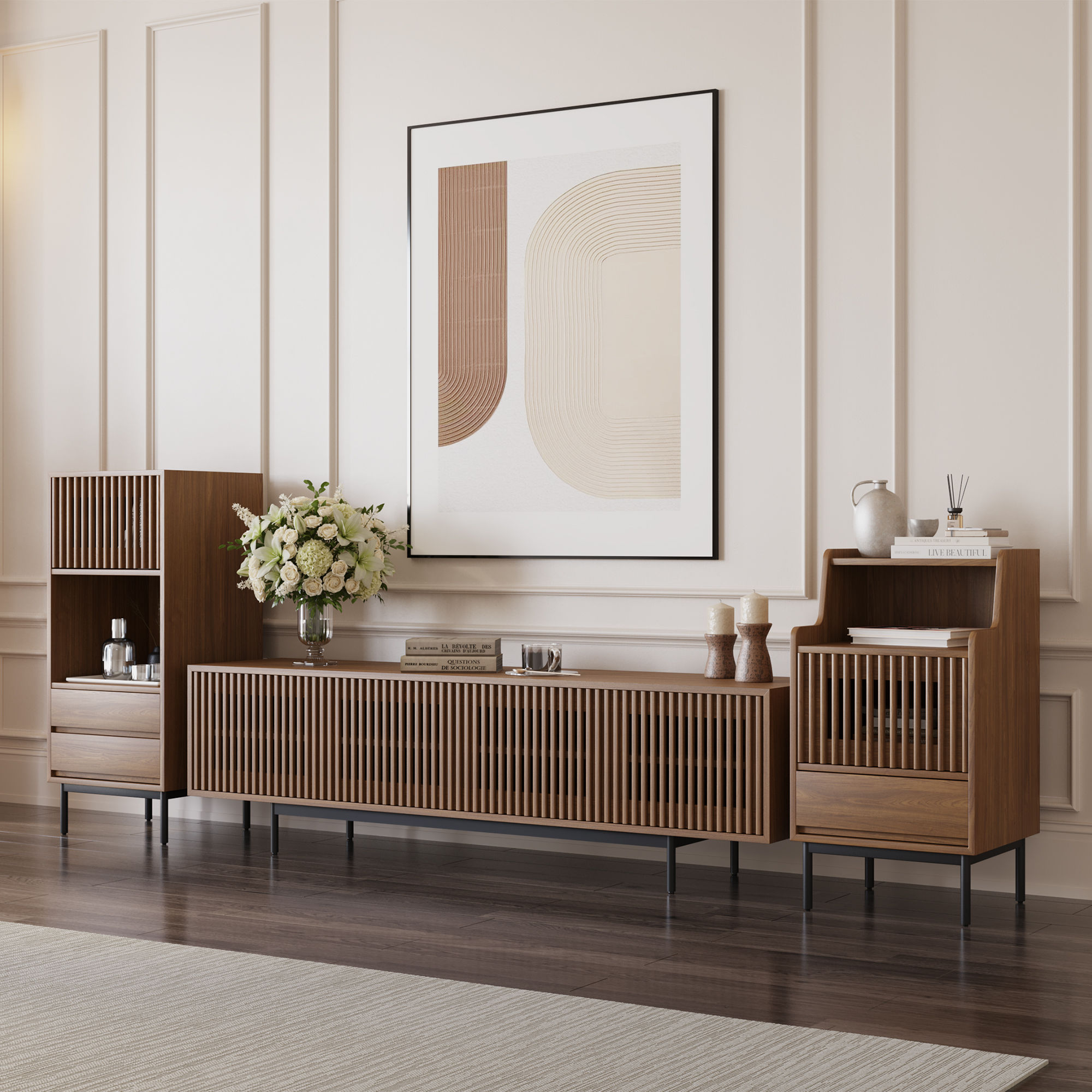 Mid Century Modern Walnut Color Plywood Cabinets & Chests