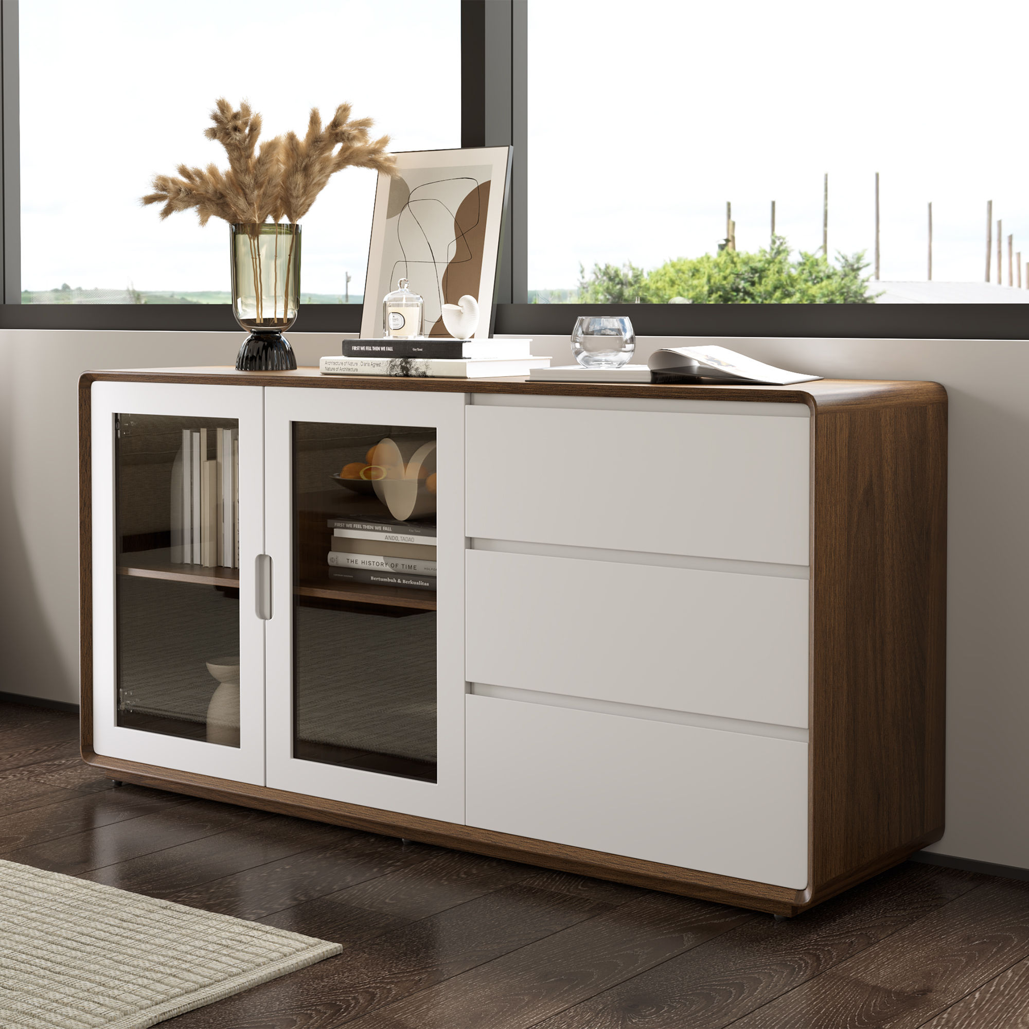 Mid Century Modern Walnut & White MDF Cabinets & Chests