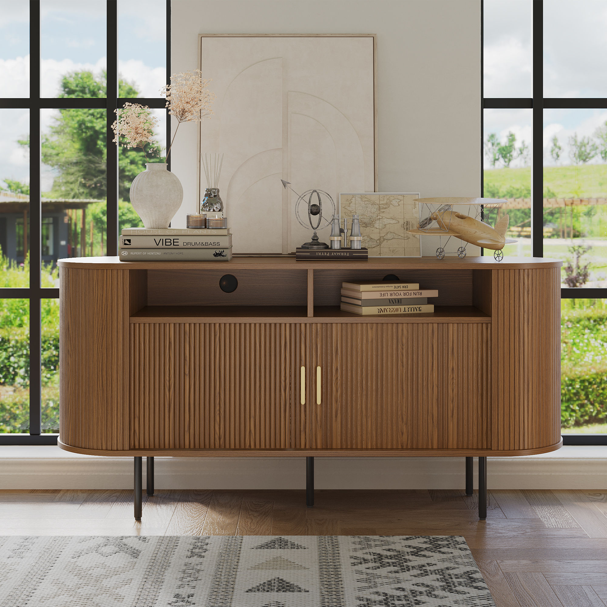 Metal Base Walnut Color Plywood Cabinets & Chests