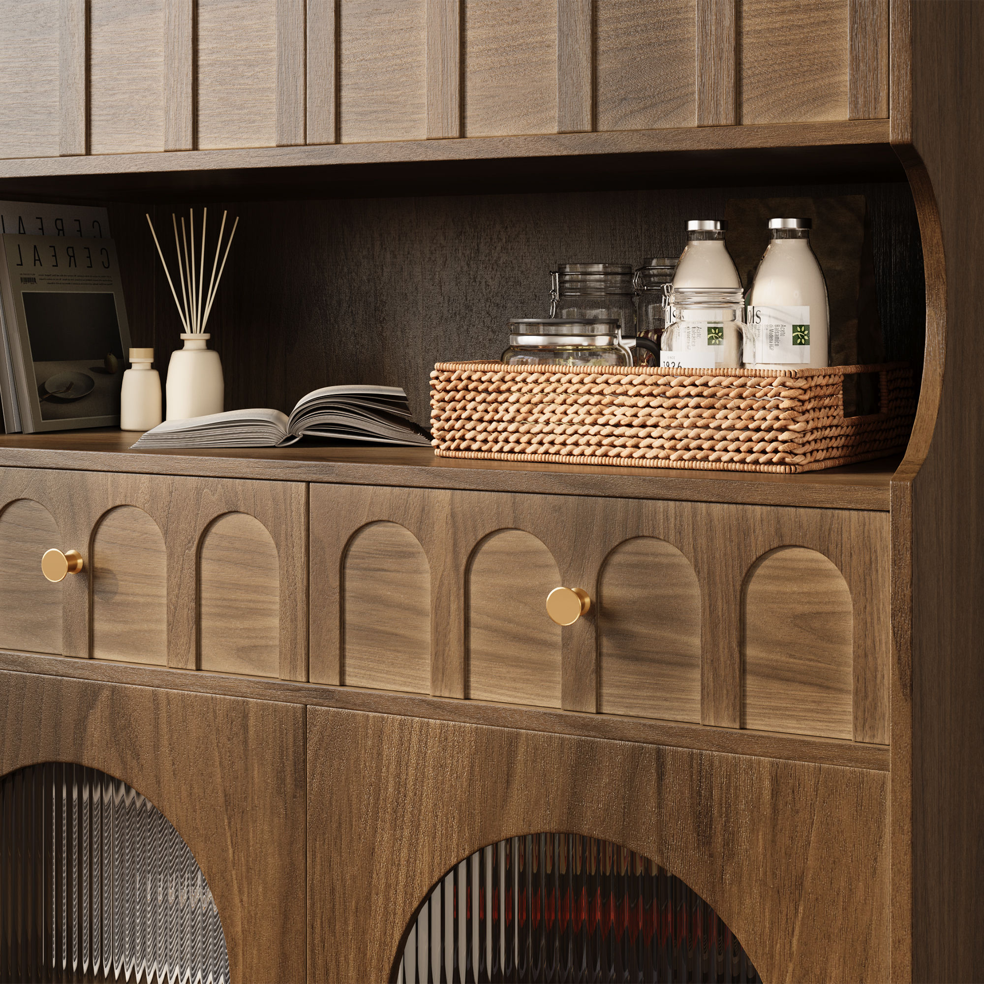 Glass Walnut Color Plywood Cabinets & Chests