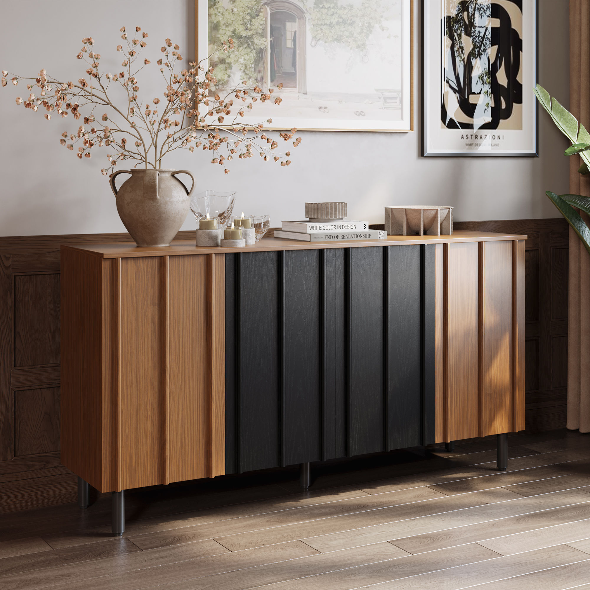 with Storage Walnut & Black Plywood Cabinets & Chests