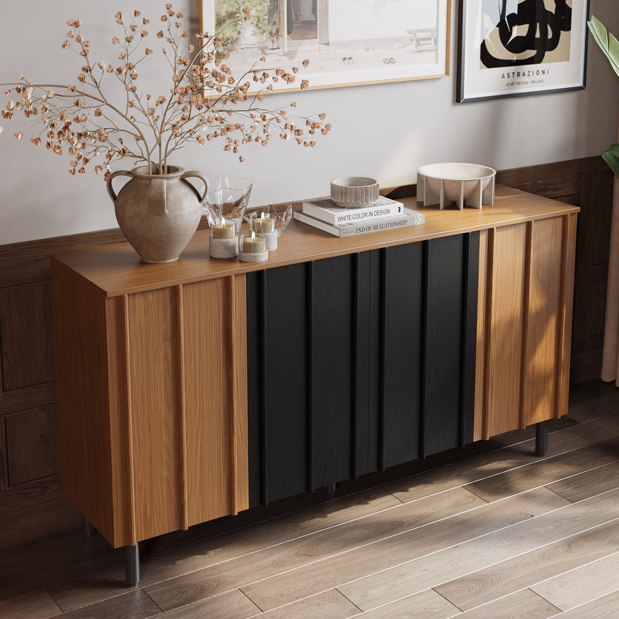Mid Century Modern Walnut & Black Plywood Cabinets & Chests
