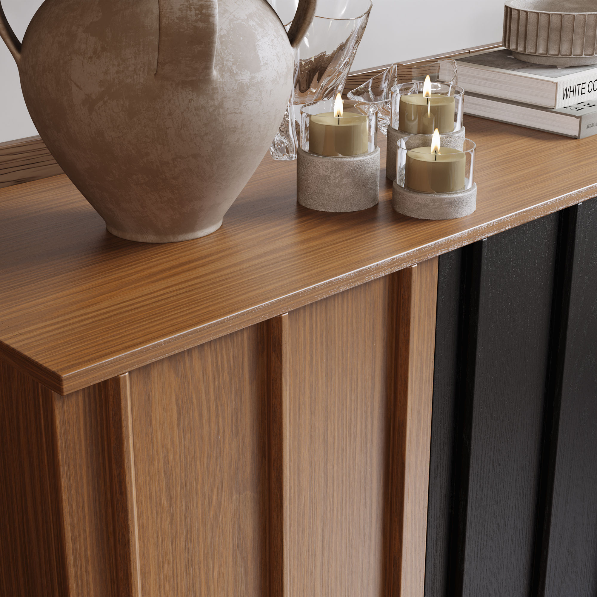 with Storage Walnut & Black Plywood Cabinets & Chests